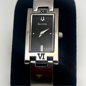 Bulova Womens Watch Silver Tone Rectangle Black Dial 6.25" New Battery
